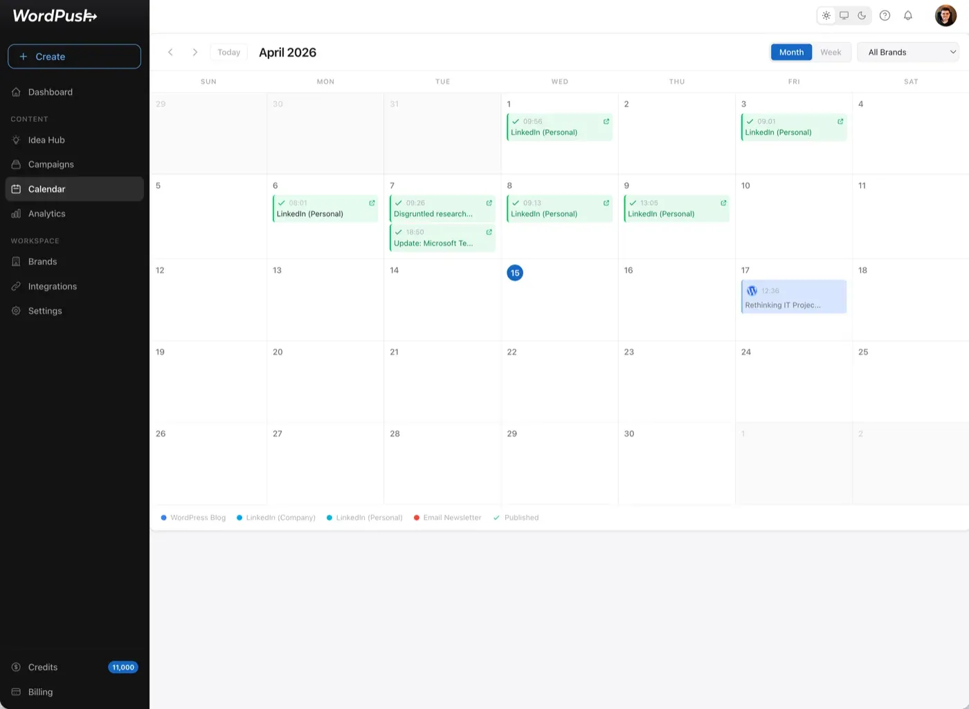 The WordPush scheduling calendar with a week of LinkedIn posts queued