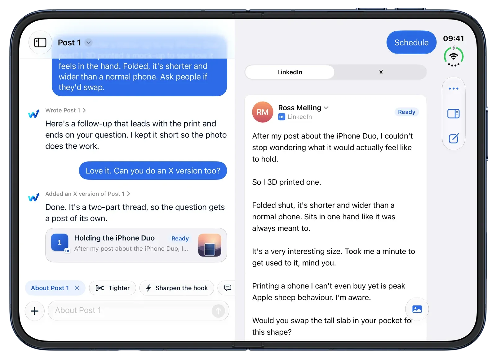 WordPush on iPhone Duo, open like a book: the chat on the left page, the post it wrote on the right