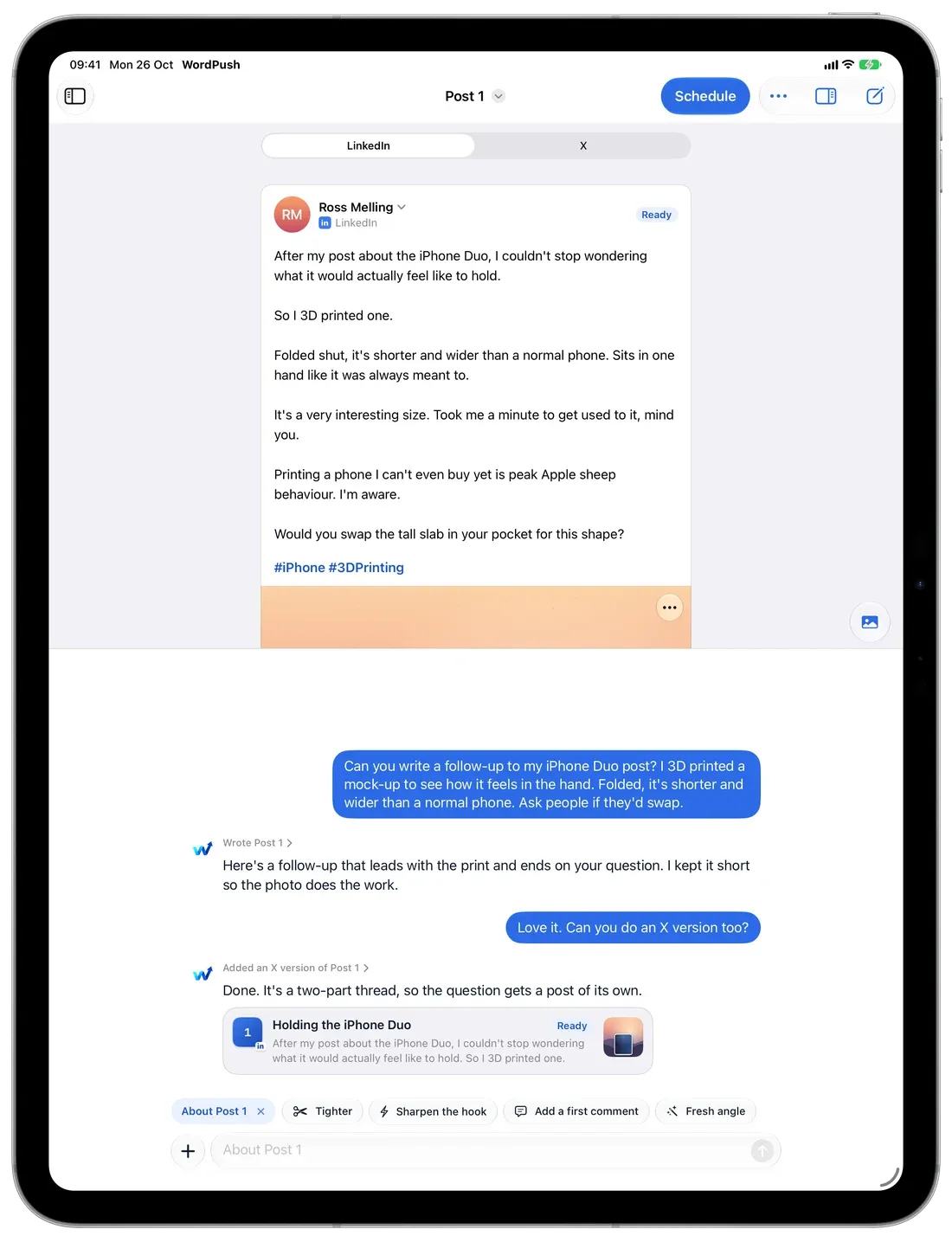 WordPush on iPad: the chat beside the post it wrote
