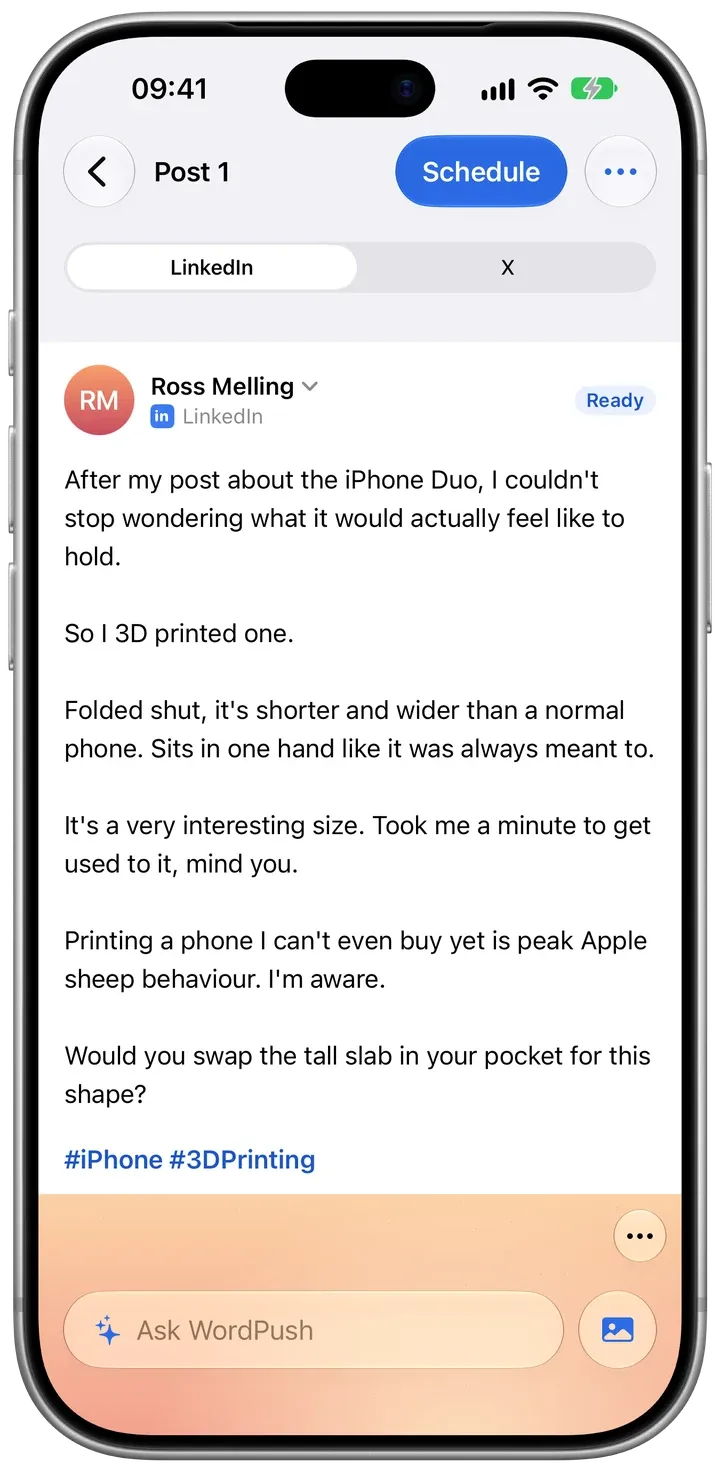 WordPush on iPhone: the finished post, laid out like the LinkedIn feed