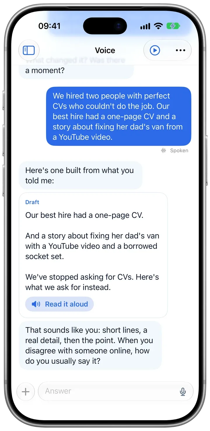 Voice Learning on iPhone: the interview, with a draft written from the answers