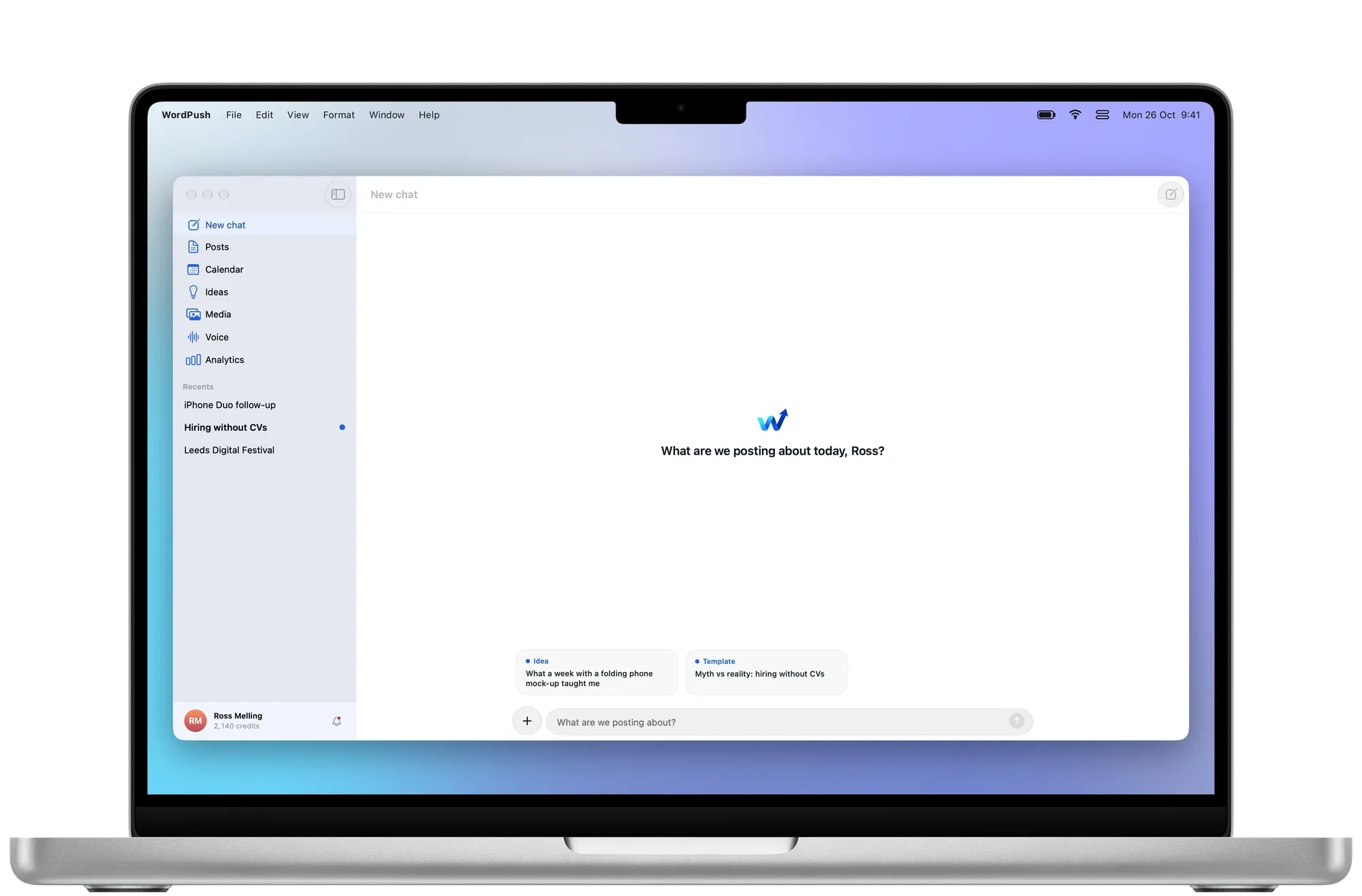WordPush on MacBook Pro, opening on a new chat