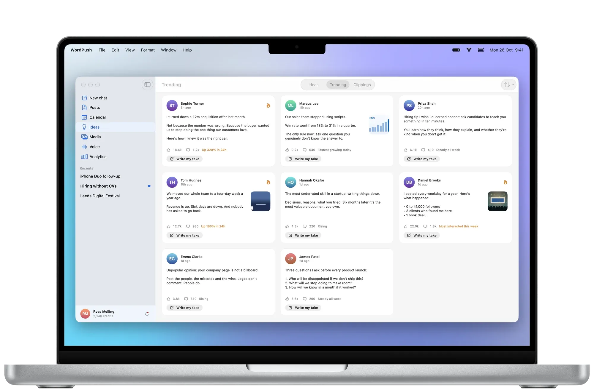 Trending on Mac: posts taking off in your network, each with Write my take