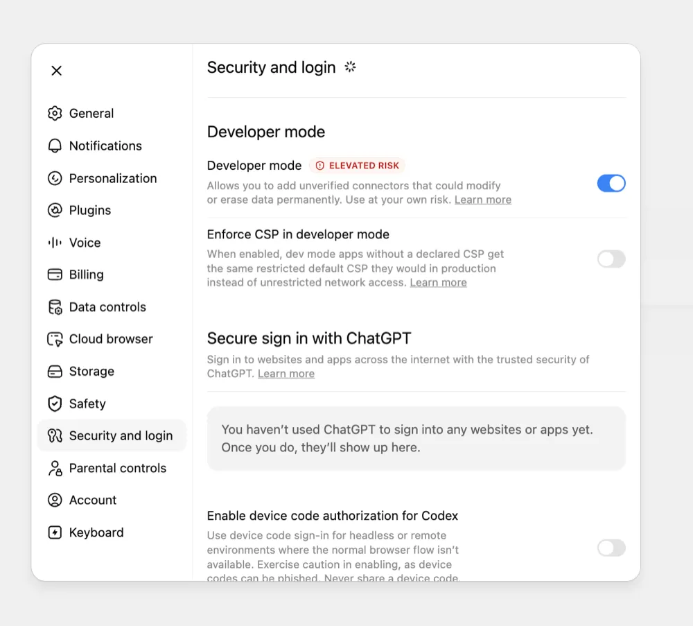 Enabling Developer mode in ChatGPT's settings