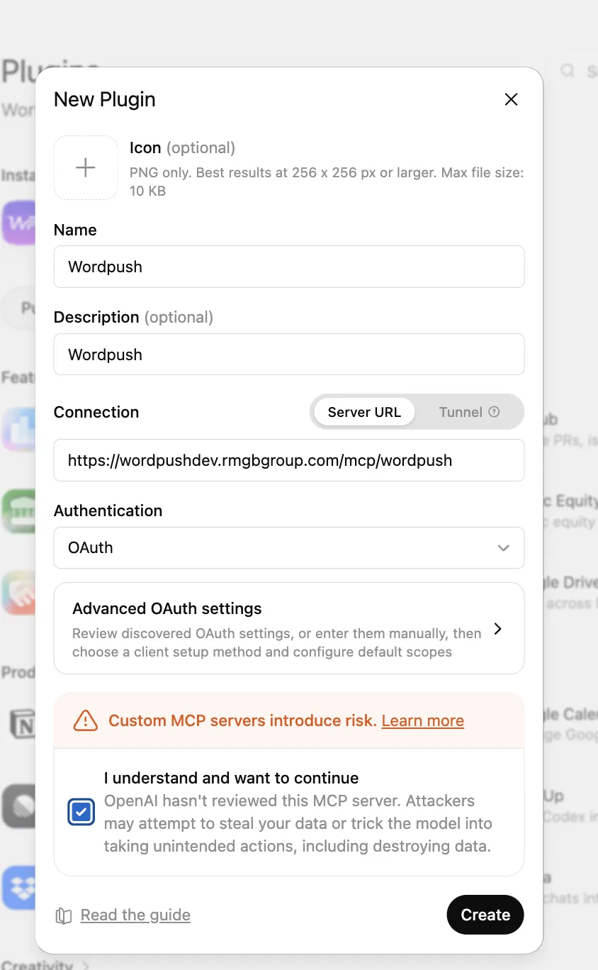The new-connector dialog in ChatGPT with the WordPush server URL and OAuth selected