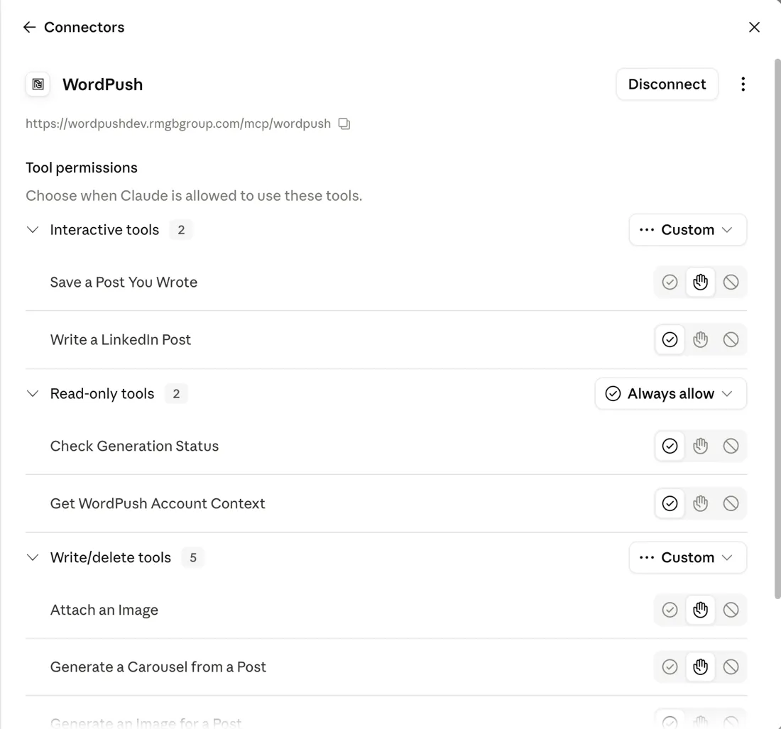 The connected WordPush connector in Claude, showing its tools and per-tool permissions