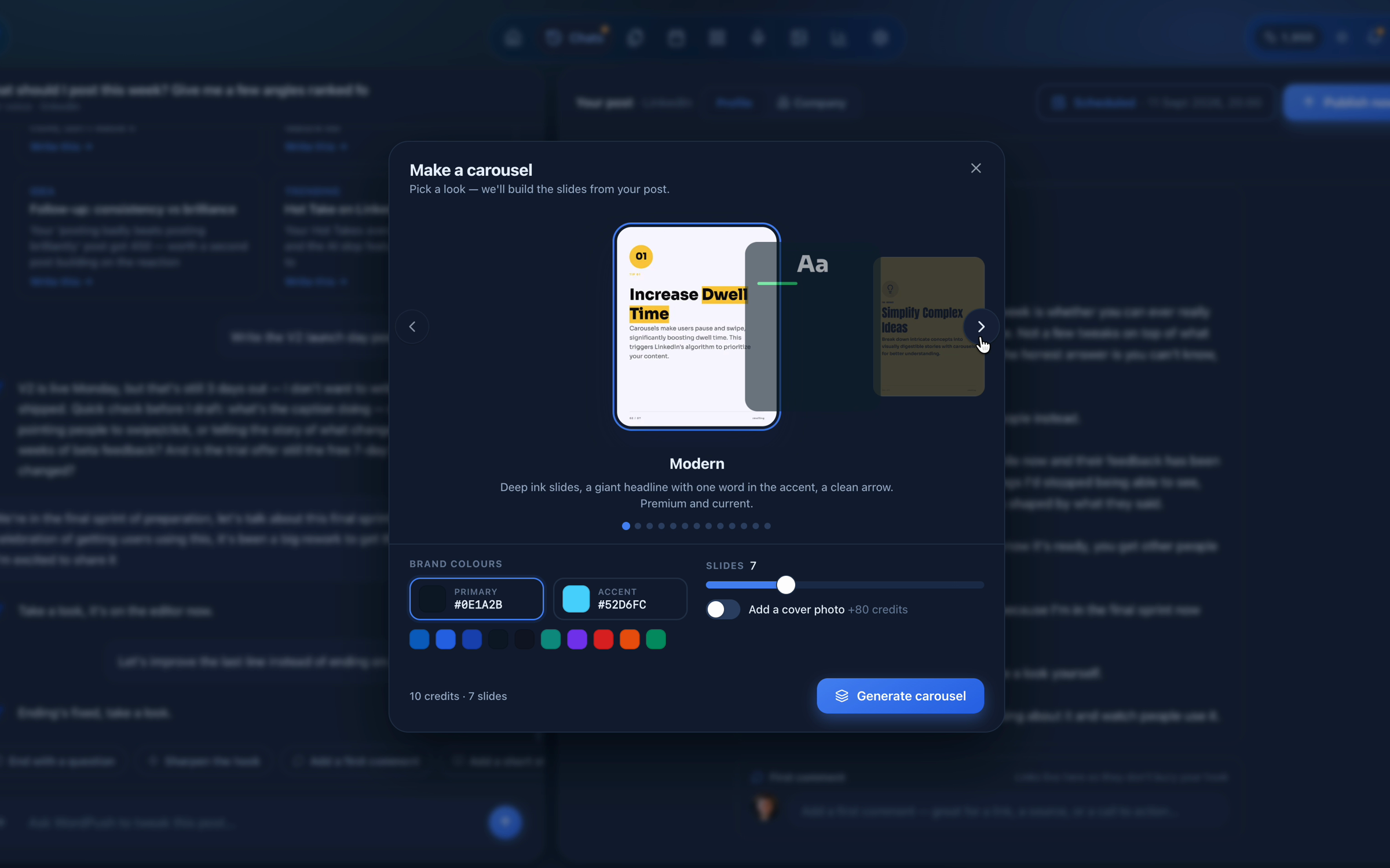 Four WordPush carousel slides, from the hook slide through to the closing slide