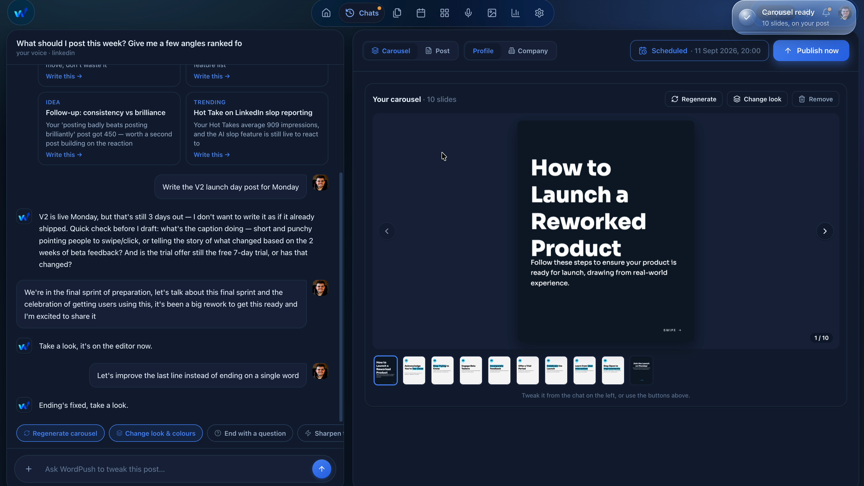 A WordPush LinkedIn carousel generated in the chat, slides shown beside the conversation