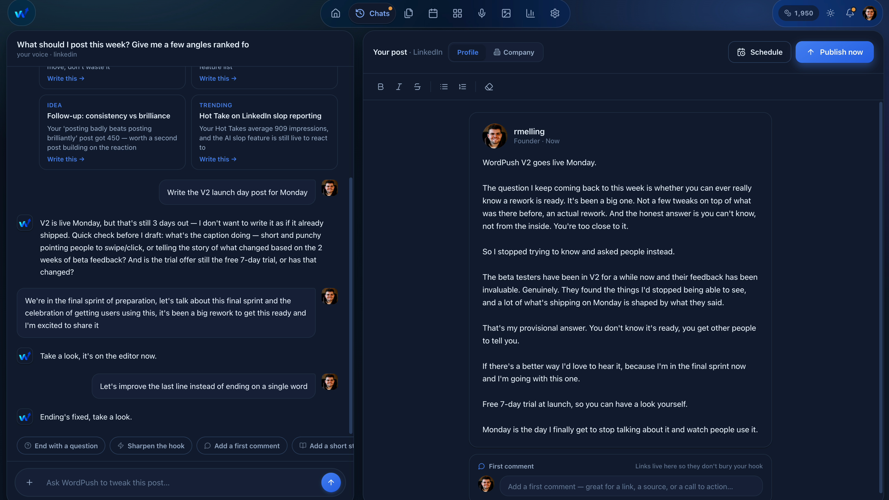 Asking WordPush for a harder hook in the chat, with the draft updating alongside