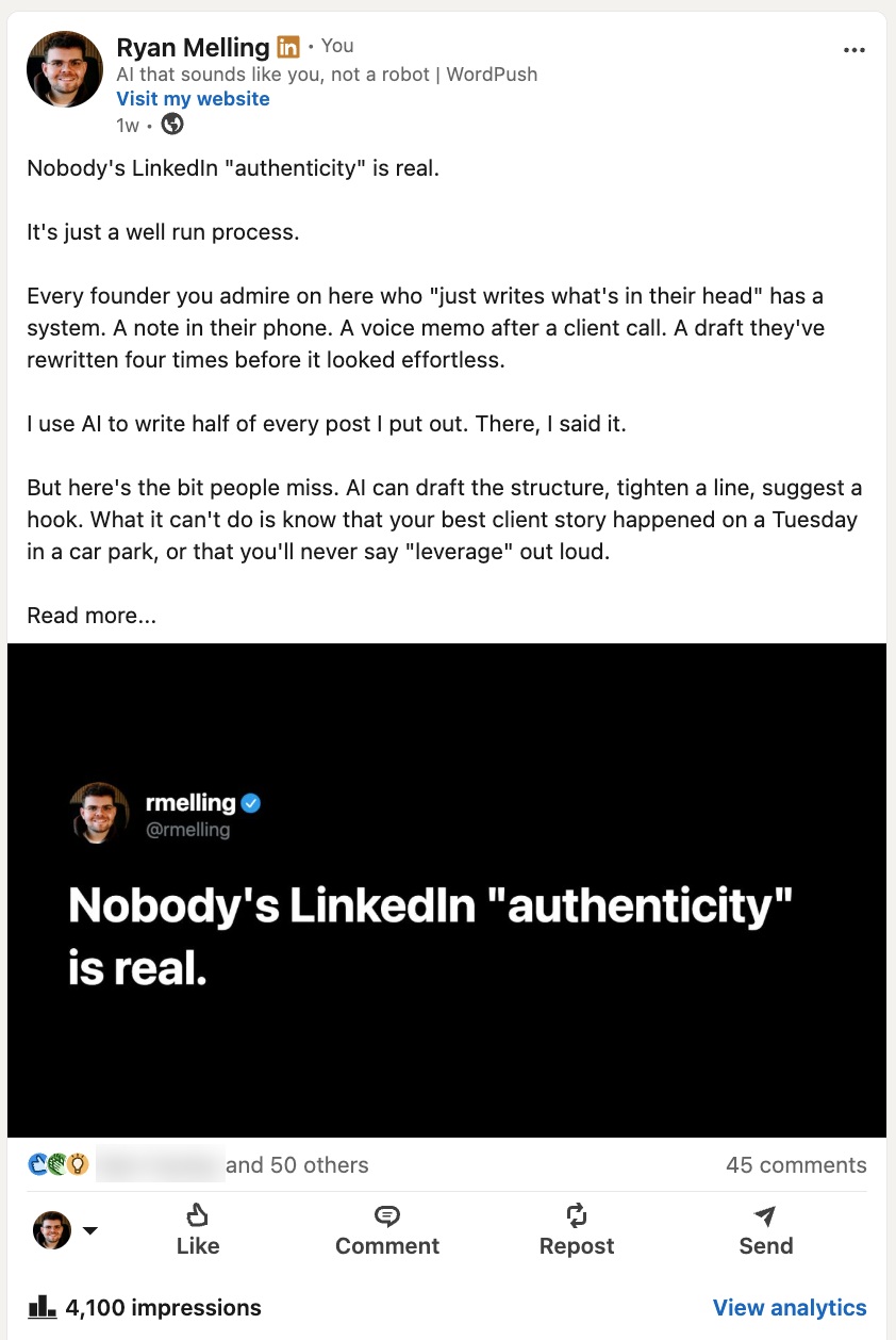A LinkedIn post written in WordPush, showing 4,100 impressions